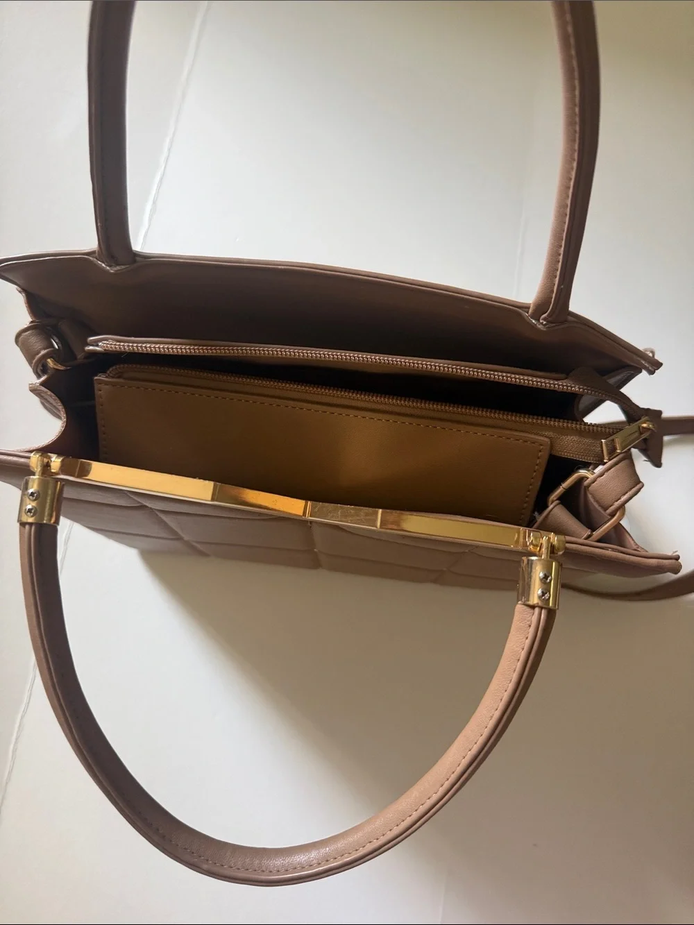 Structured Quilted Satchel in Brown with Gold Accent